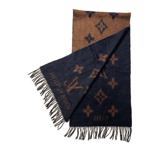 LOUIS VUITTON LV Reykjavik Brown-on-Black Reversible Cashmere Scarf Pre-owned - Picture 6 of 9